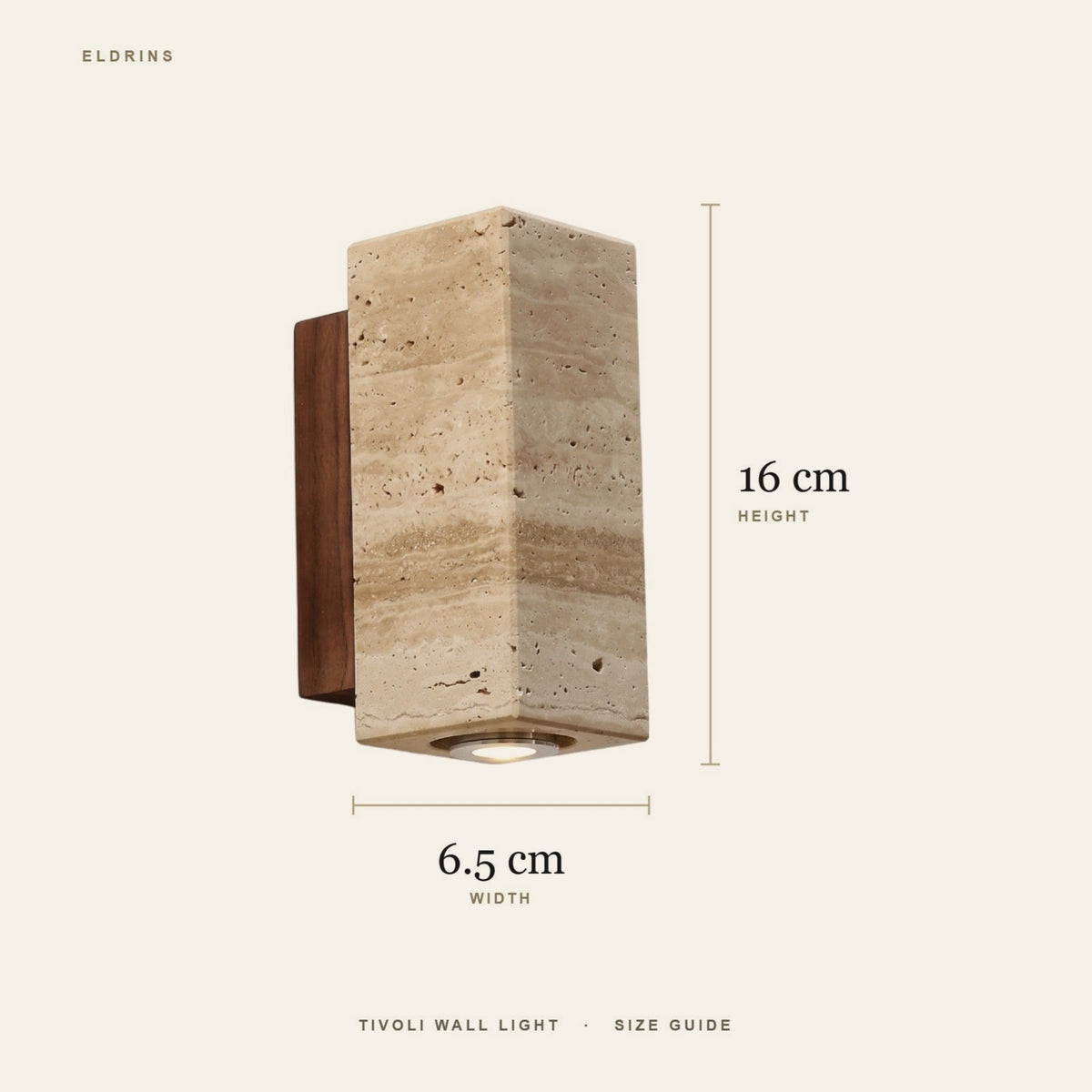 Tivoli wall light size guide, 16 cm high, 6.5 cm wide