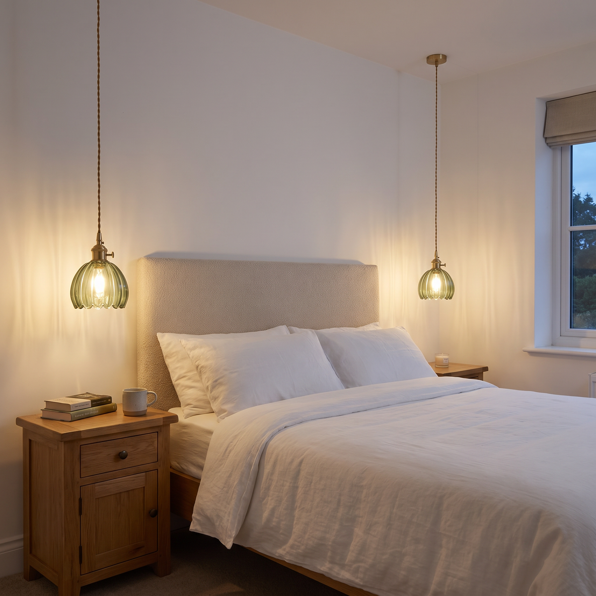 A pair of green Ufford ribbed glass bud pendants hung low either side of a bed