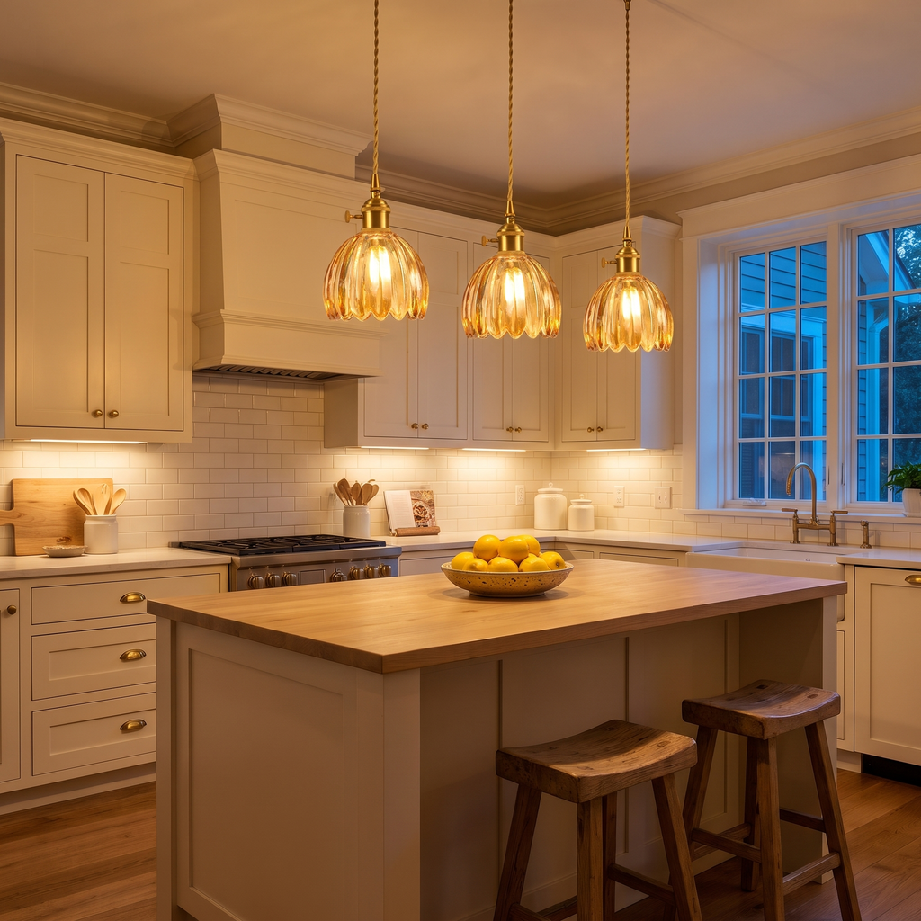 Three amber Ufford ribbed glass bud pendants lit in a row in a cream shaker kitchen