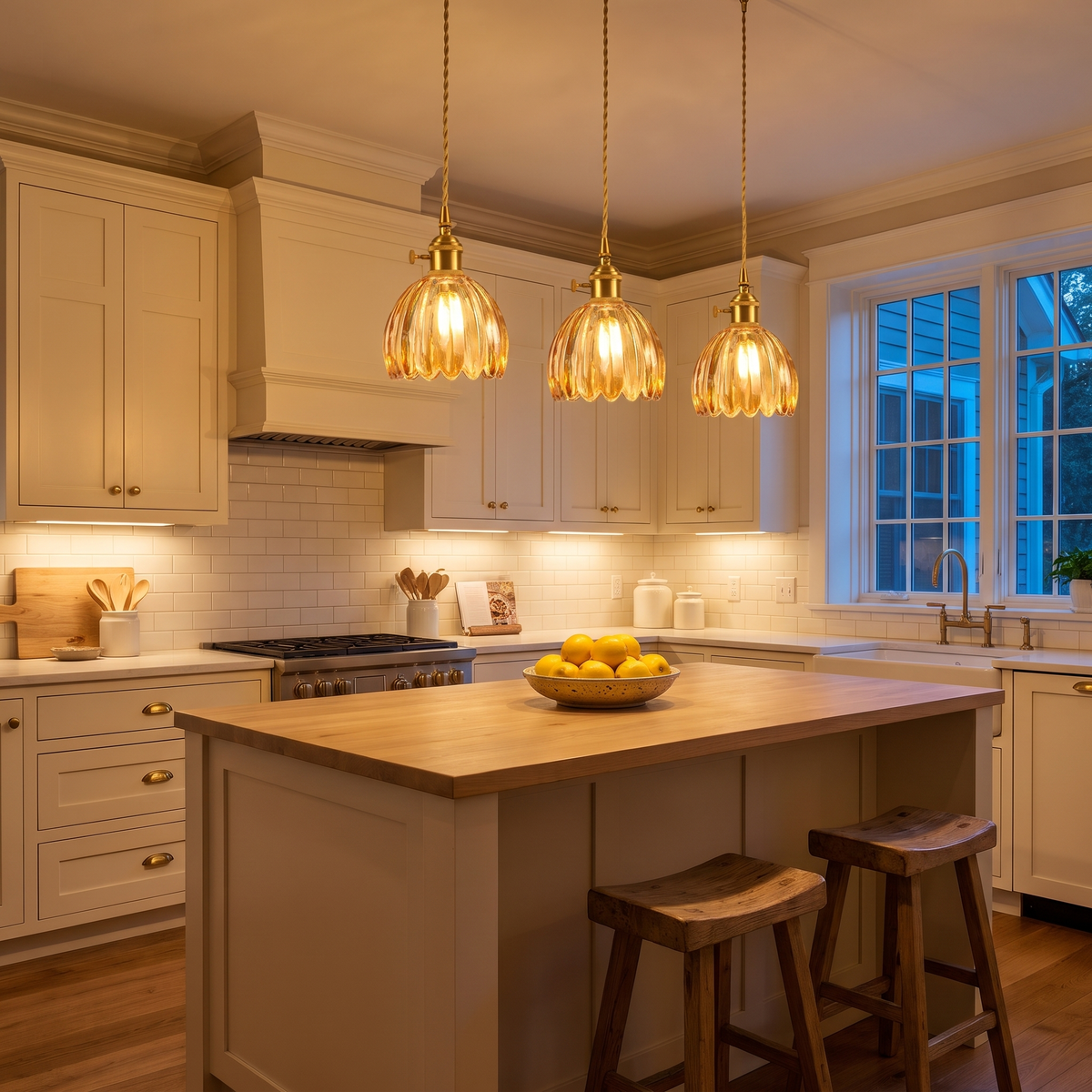 Three amber Ufford ribbed glass bud pendants lit in a row in a cream shaker kitchen