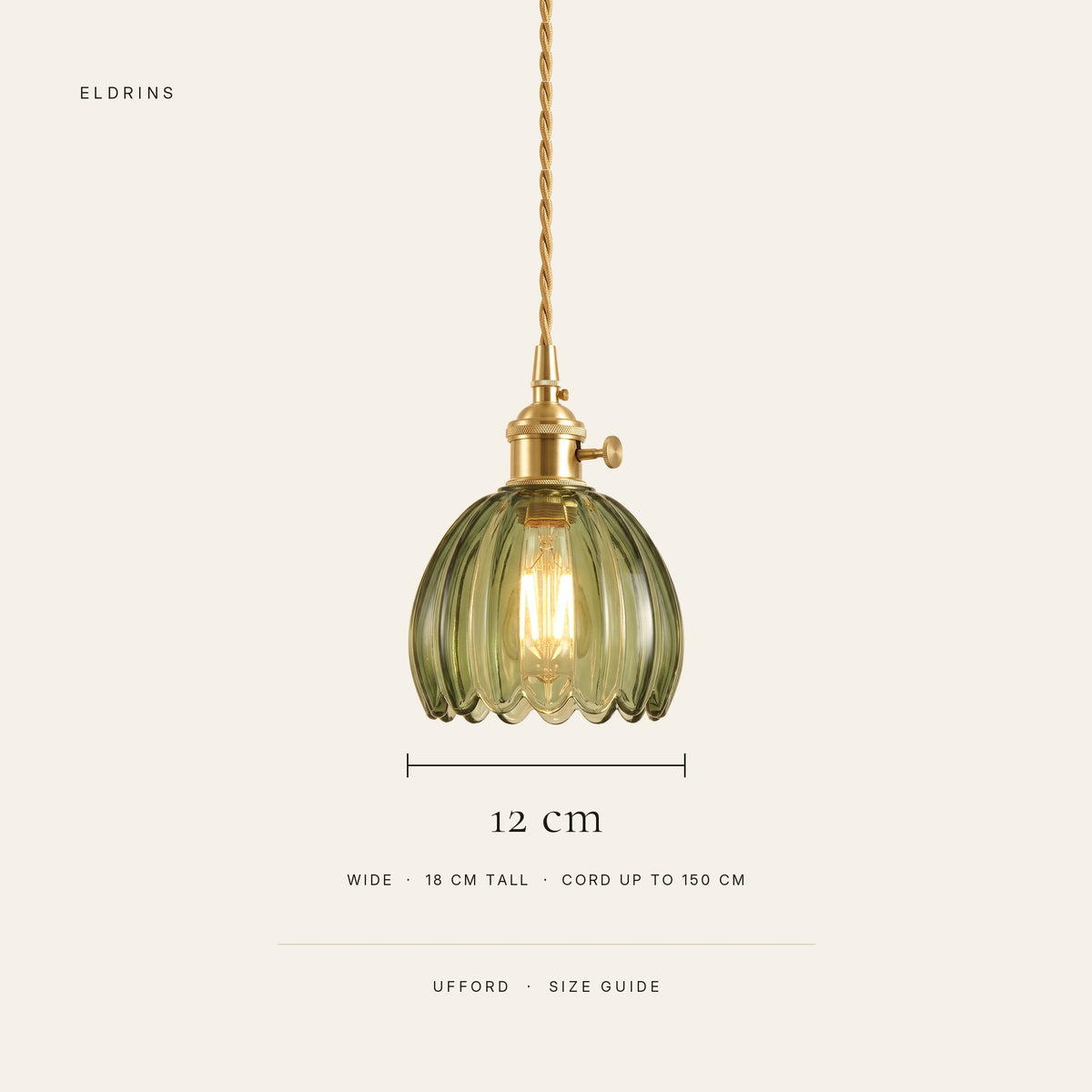 Ufford size guide: 12 cm wide ribbed glass bud, 18 cm tall with the holder, cord up to 150 cm
