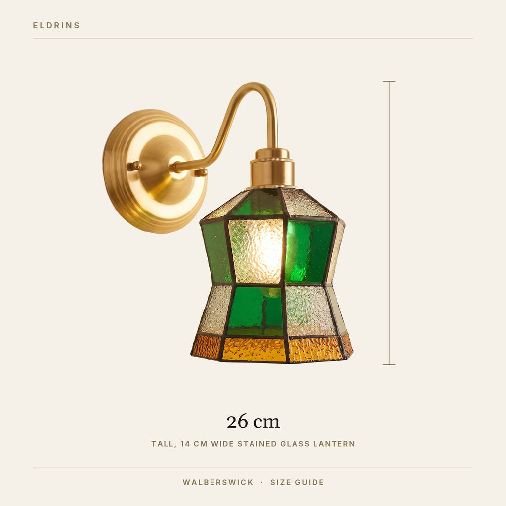 Walberswick wall light size guide, 14 cm wide lantern shade, about 26 cm tall