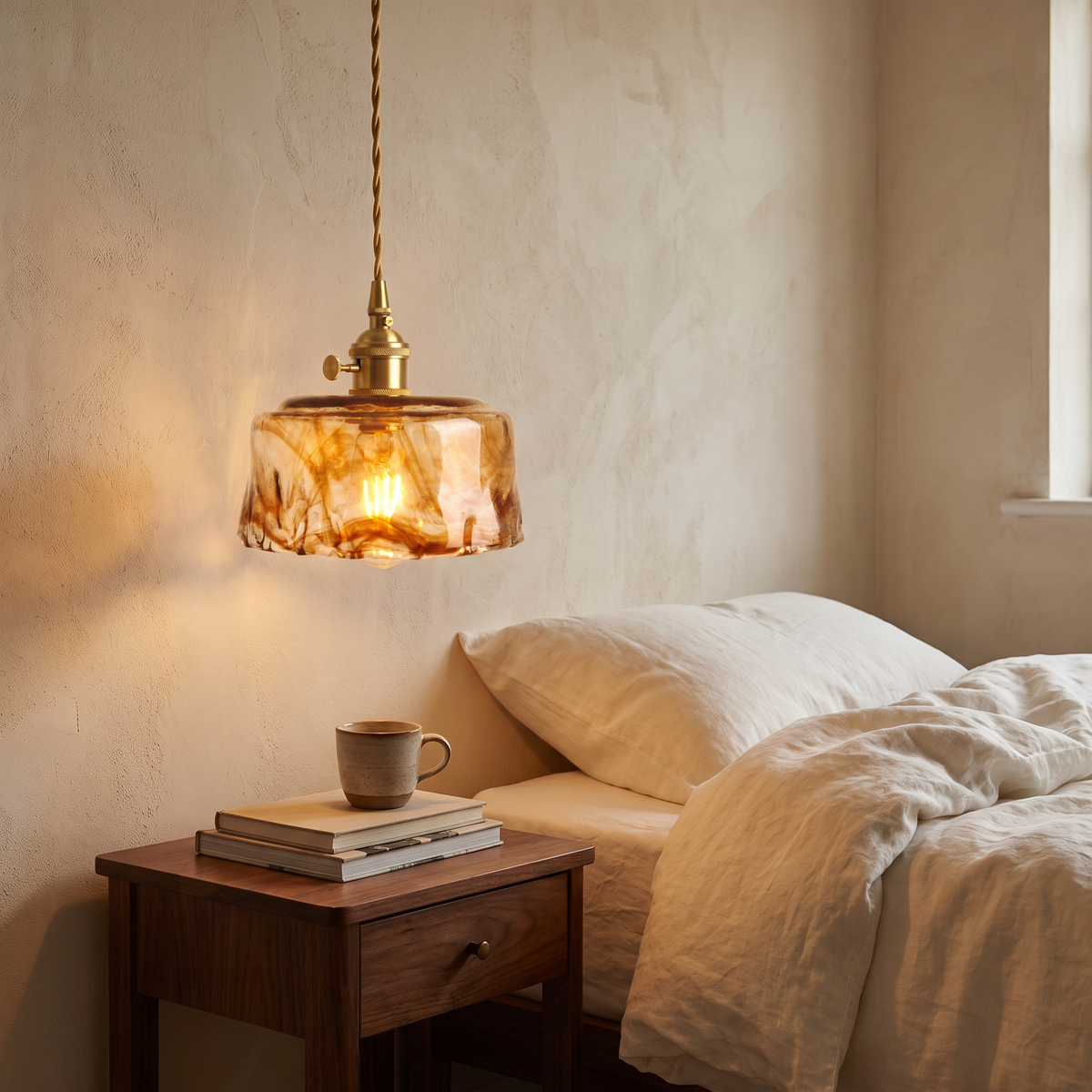 A Walpole marbled amber glass pendant lit low beside a bed