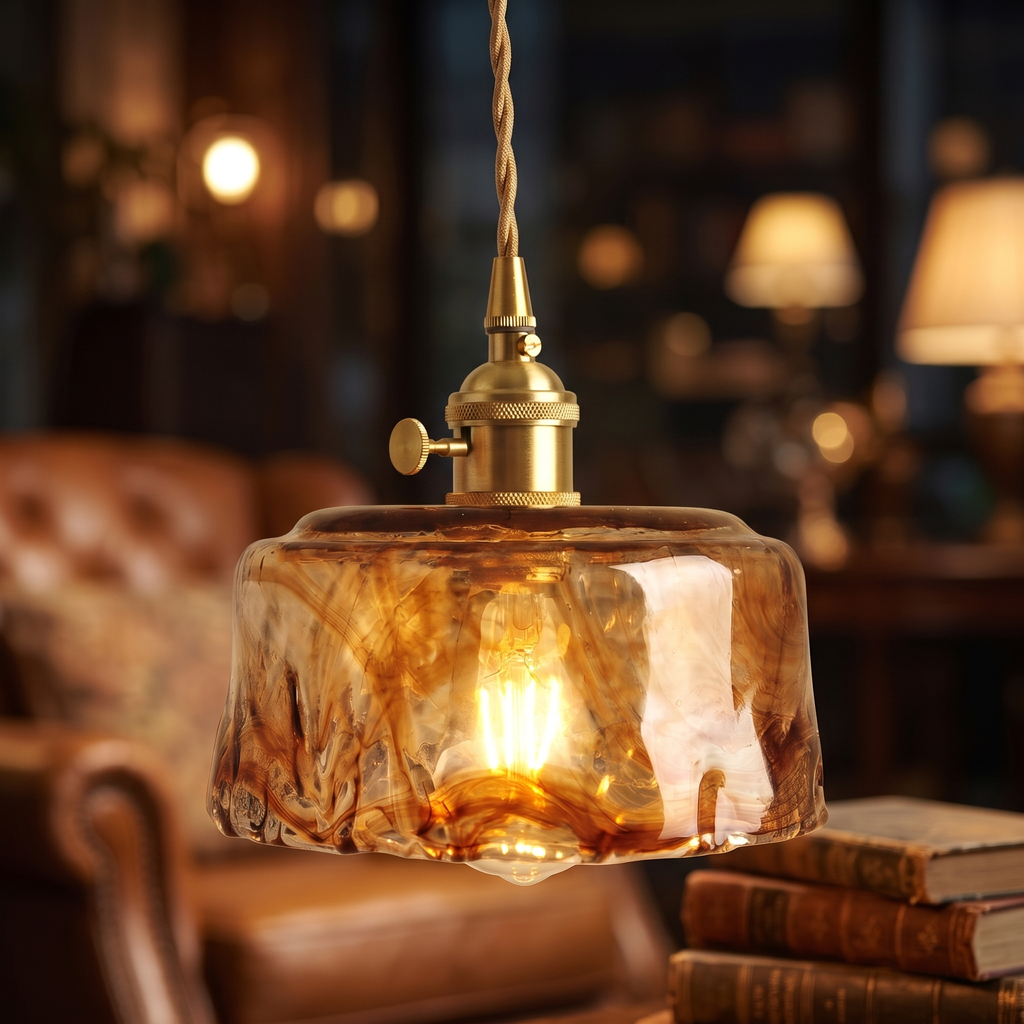 Close up of a lit Walpole shade showing the marbled amber glass and brass holder