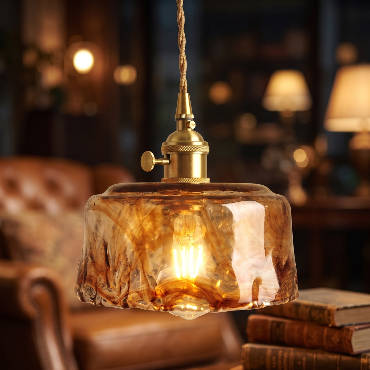 Close up of a lit Walpole shade showing the marbled amber glass and brass holder