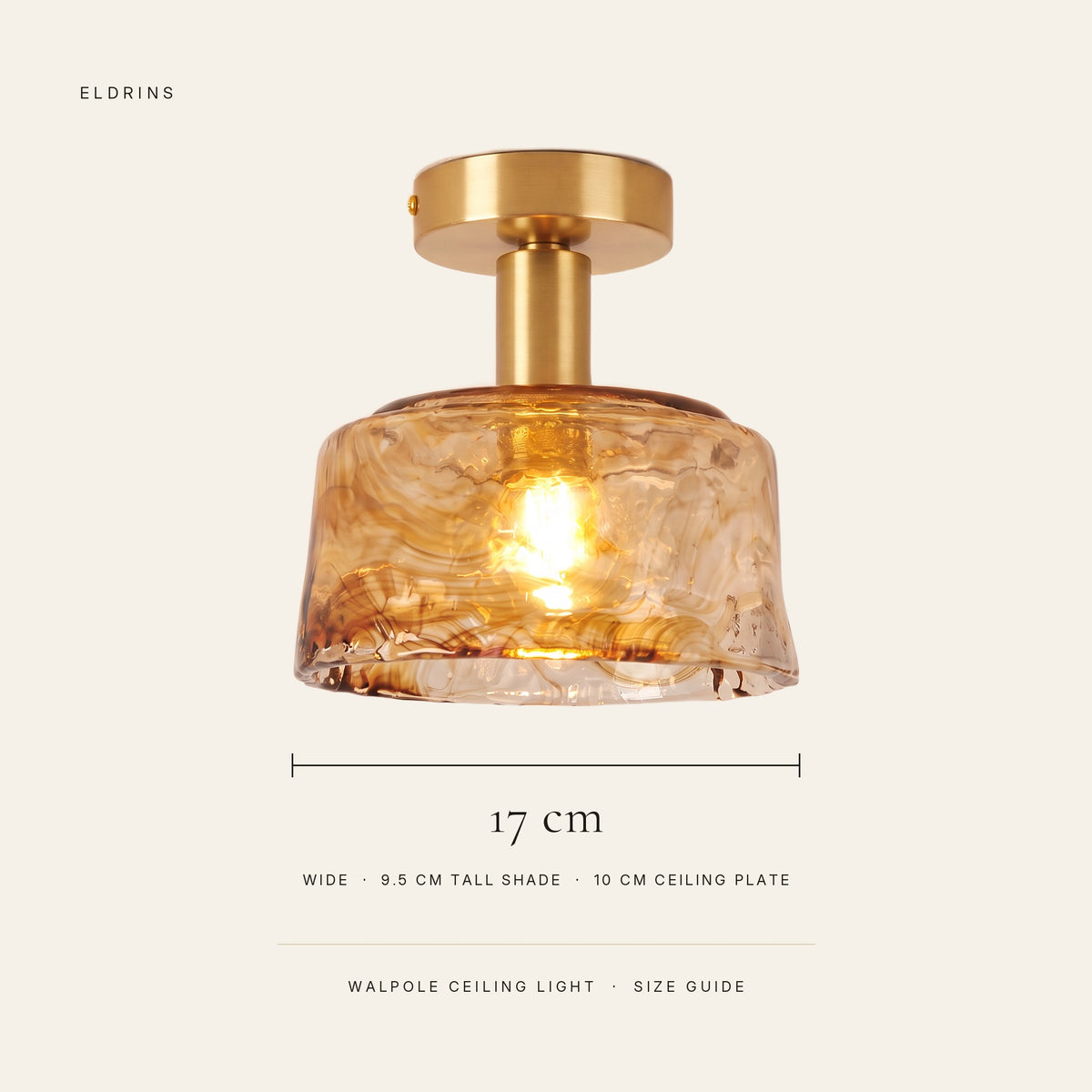 Walpole semi flush size guide: 17 cm wide, 9.5 cm tall shade, 10 cm ceiling plate