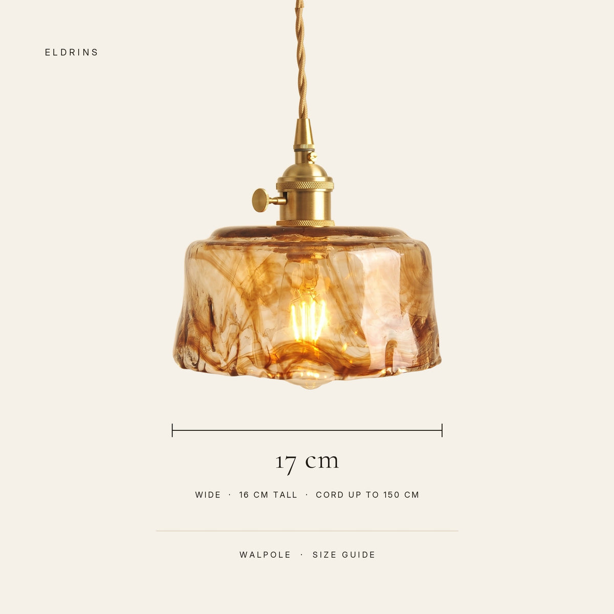 Walpole size guide: 17 cm wide, 16 cm tall, cord up to 150 cm