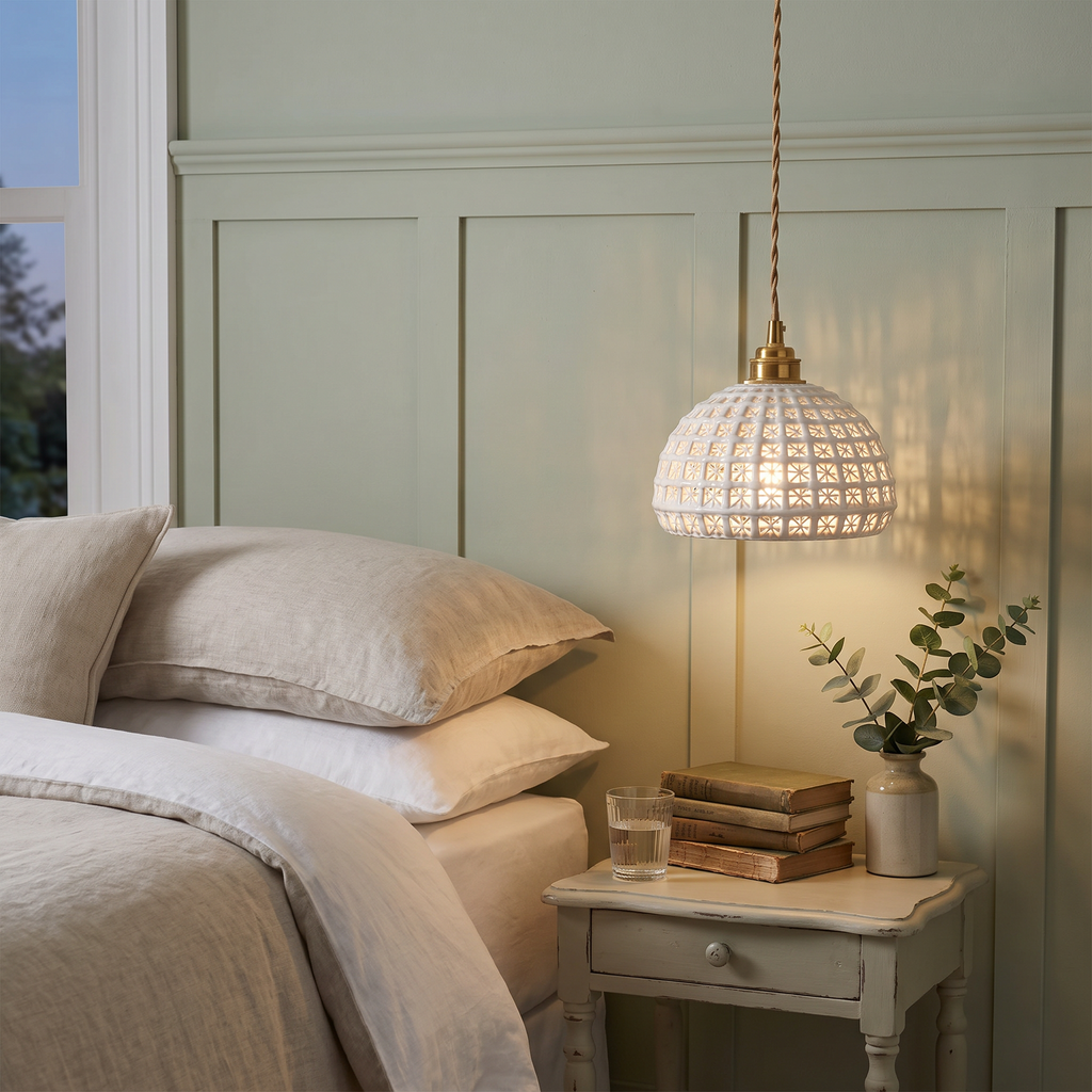 A Wangford ceramic lattice pendant lit low beside a bed