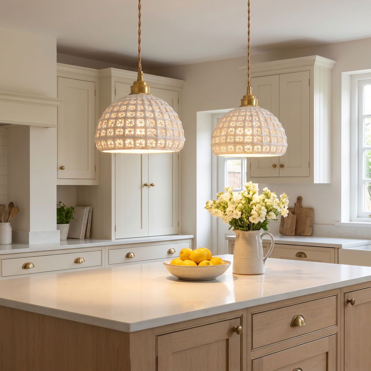 Two lit Wangford ceramic lattice pendants over a kitchen island