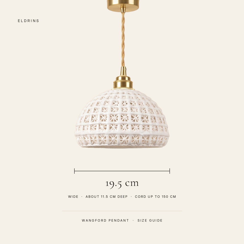 Wangford pendant size guide: 19.5 cm wide, about 11.5 cm deep, cord up to 150 cm