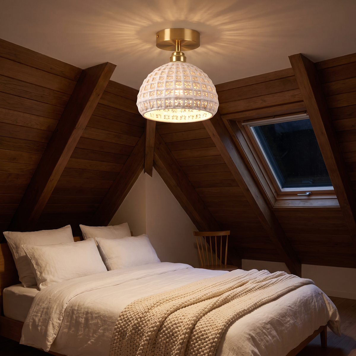 A lit Wangford ceramic lattice ceiling light in a loft bedroom