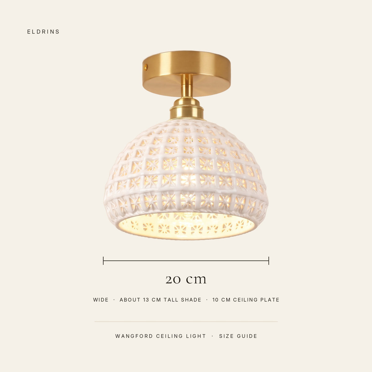 Wangford semi flush size guide: 20 cm wide, about 13 cm tall shade, 10 cm ceiling plate