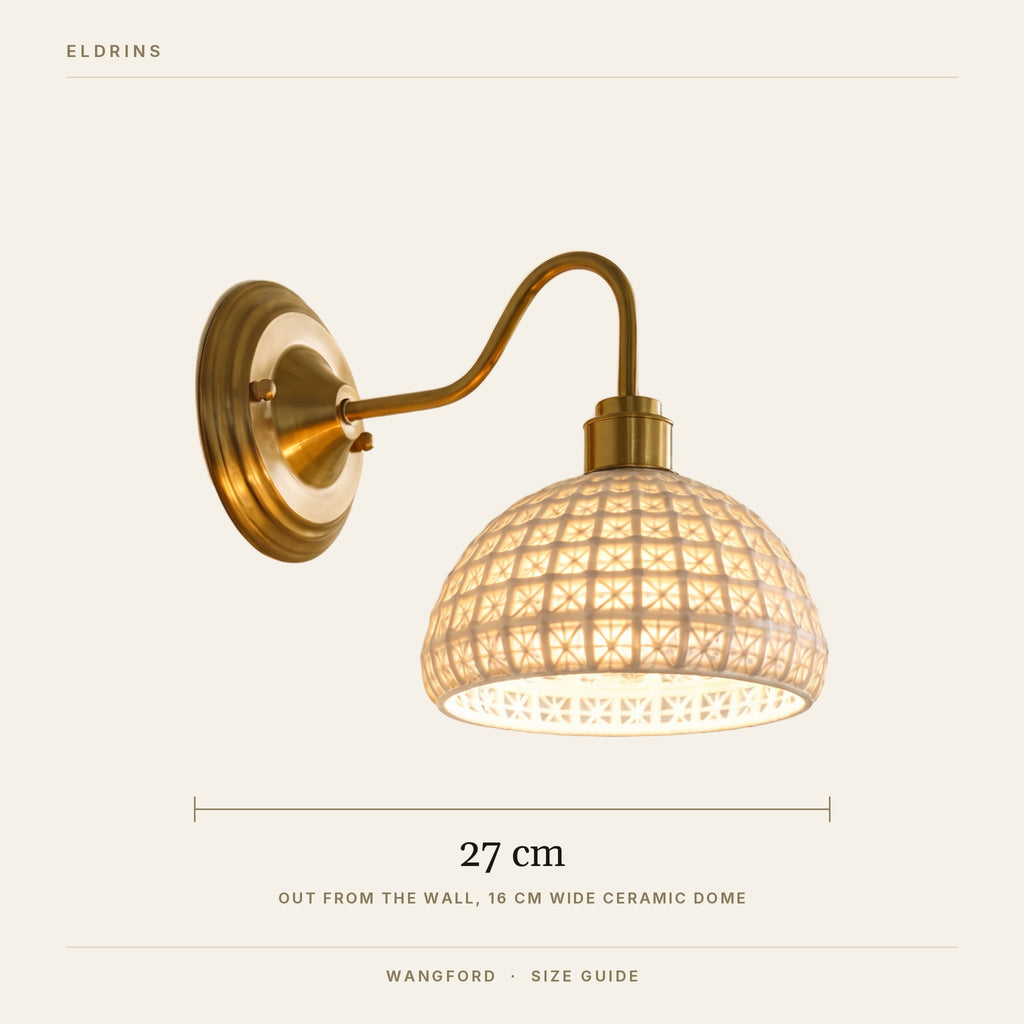 Wangford wall light size guide, 16 cm wide shade, about 27 cm out from the wall