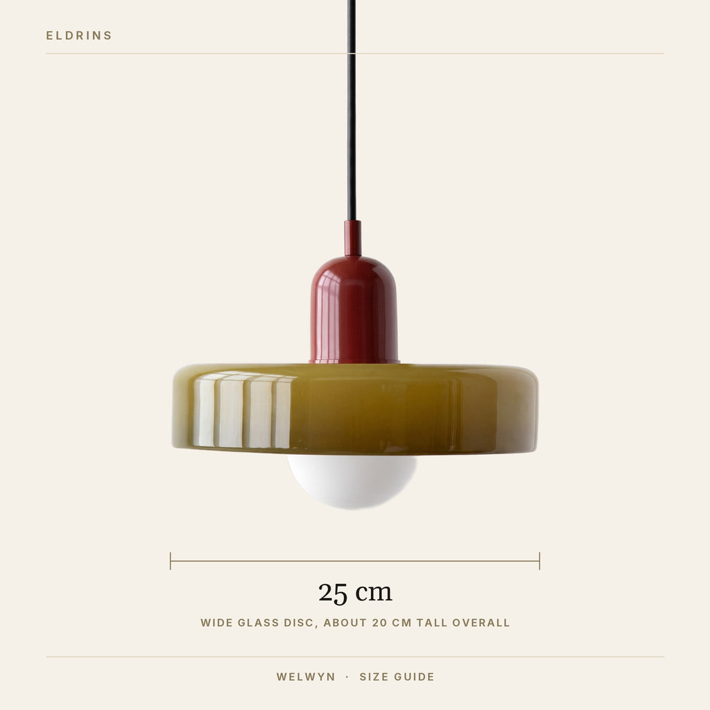 Welwyn pendant light size guide, 25 cm wide glass disc, about 20 cm tall overall