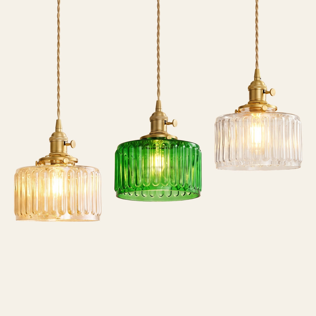 Wenhaston pendant lights in amber, green and clear ribbed glass
