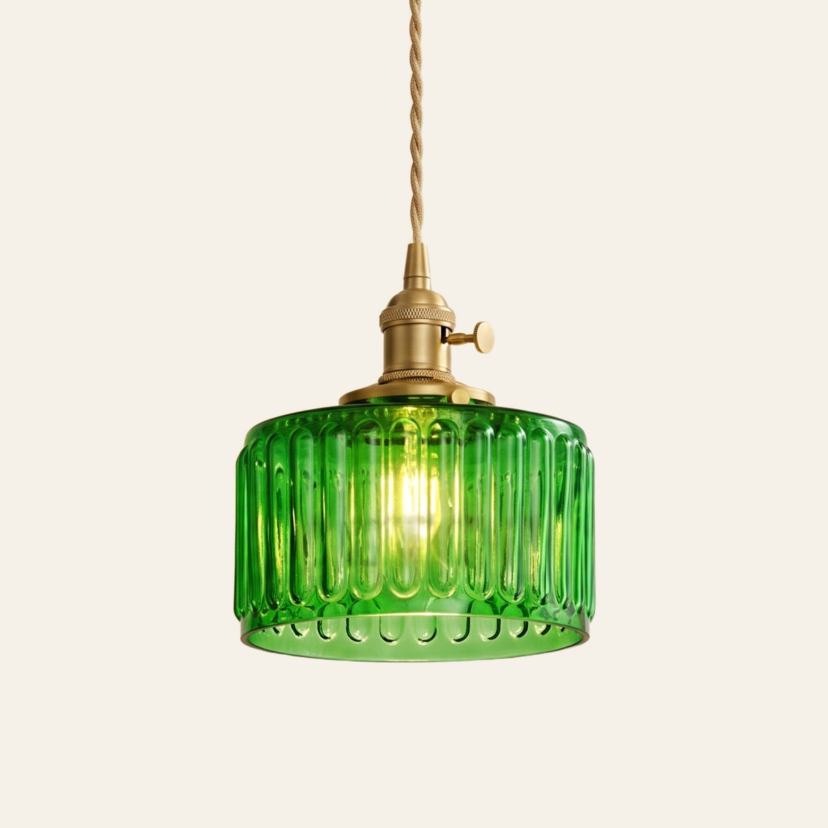 Wenhaston pendant light in green ribbed glass, cream background