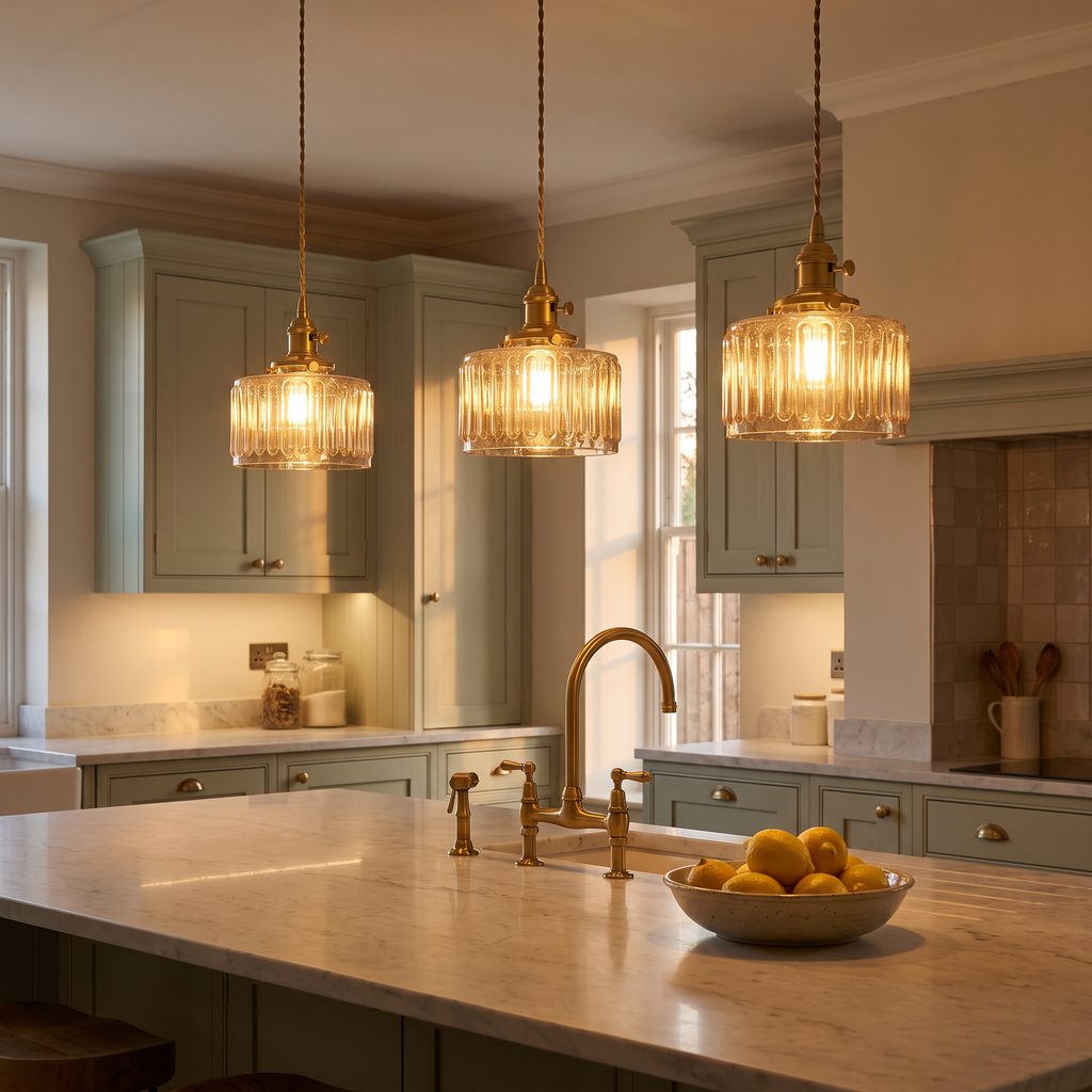 Three amber Wenhaston pendants lit over a marble kitchen island