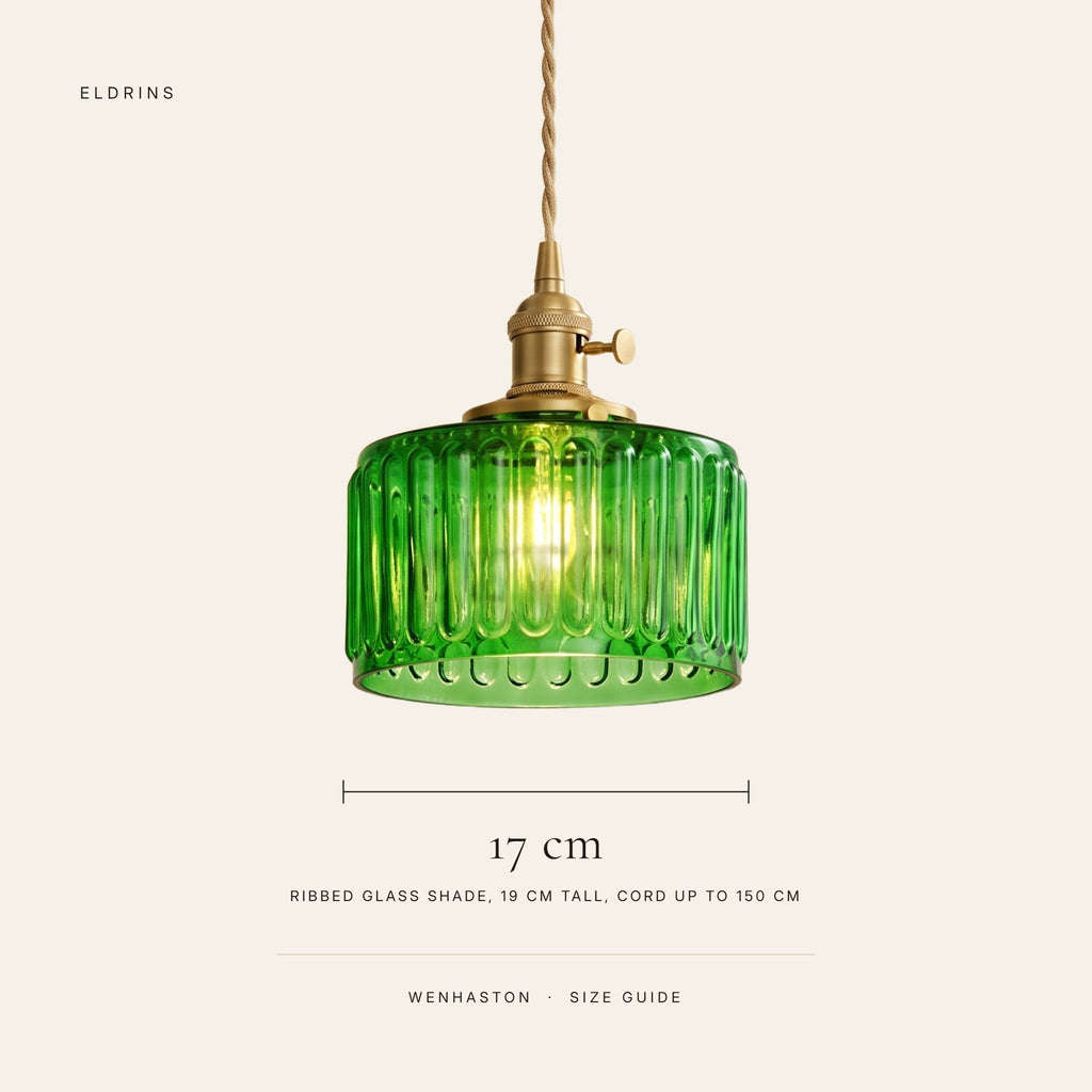 Wenhaston size guide, 17 cm wide and 19 cm tall ribbed glass shade, cord up to 150 cm