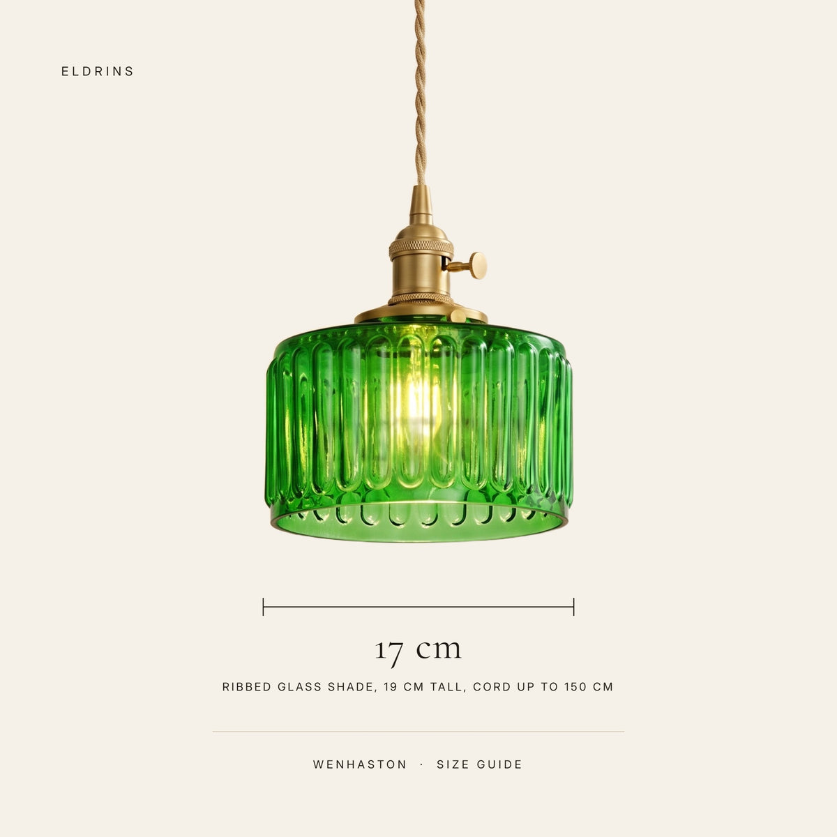 Wenhaston size guide, 17 cm wide and 19 cm tall ribbed glass shade, cord up to 150 cm