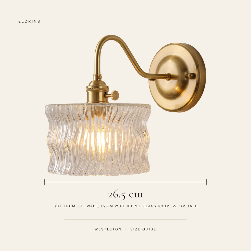 Westleton wall light size guide, 26.5 cm out from the wall, 16 cm wide ripple glass drum, 23 cm tall