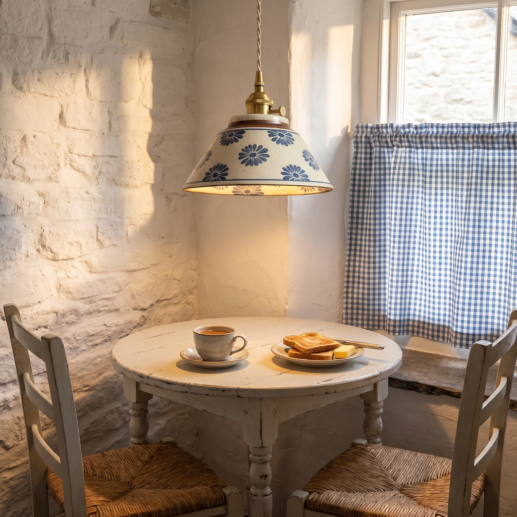 A lit Wilby ceramic pendant light over a small round table in a cottage breakfast corner