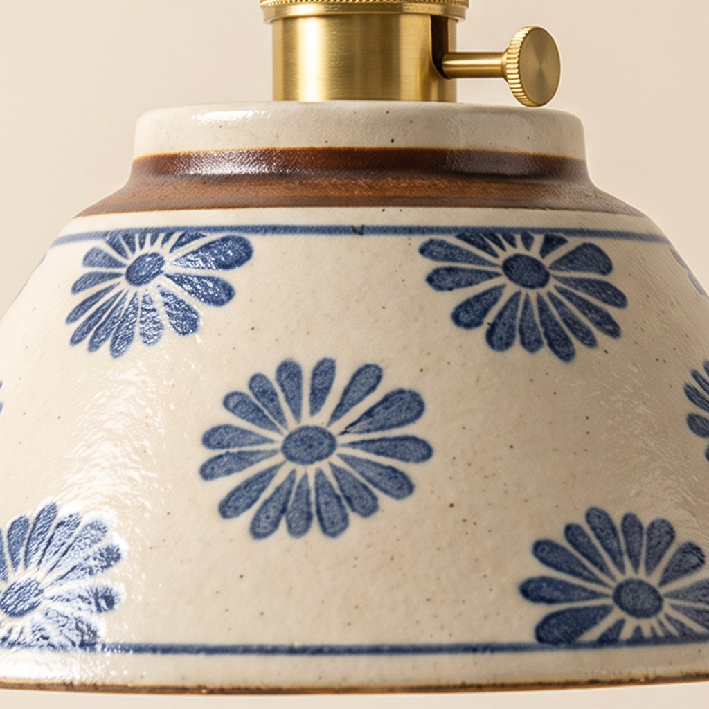 Close up of the blue daisies painted on the speckled cream glaze of the Wilby shade and its brass holder