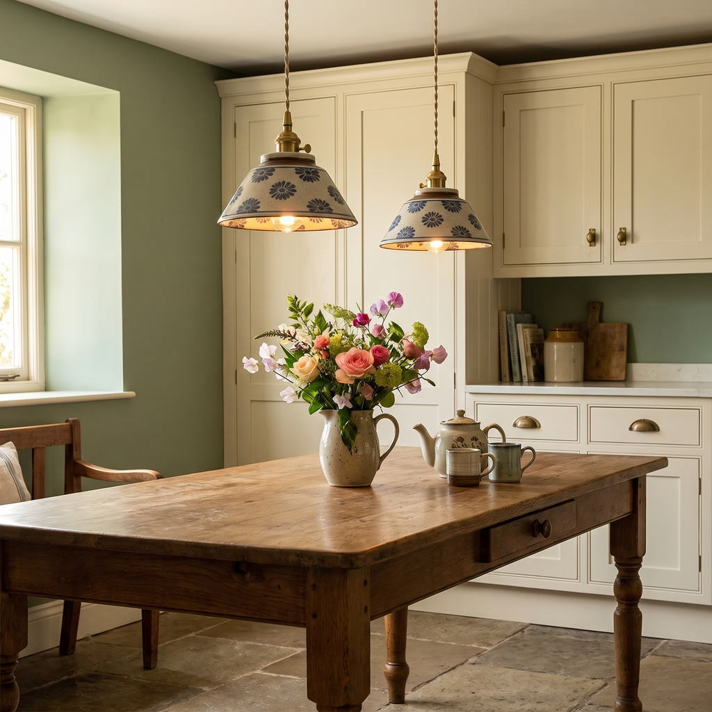 A pair of lit Wilby blue daisy ceramic pendant lights over an oak table in a country kitchen