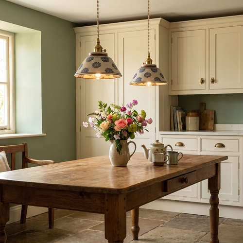 A pair of lit Wilby blue daisy ceramic pendant lights over an oak table in a country kitchen