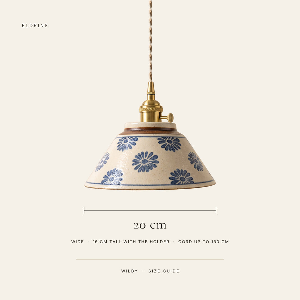 Wilby pendant light size guide: about 20 cm wide, 16 cm tall with the holder, cord up to 150 cm