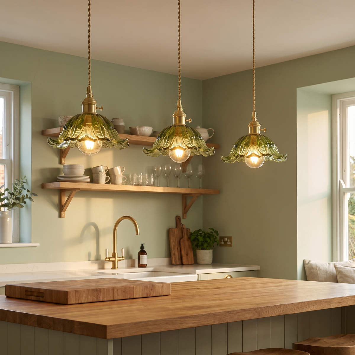 Three green Wissett flower pendants lit in a sage green kitchen with an oak island