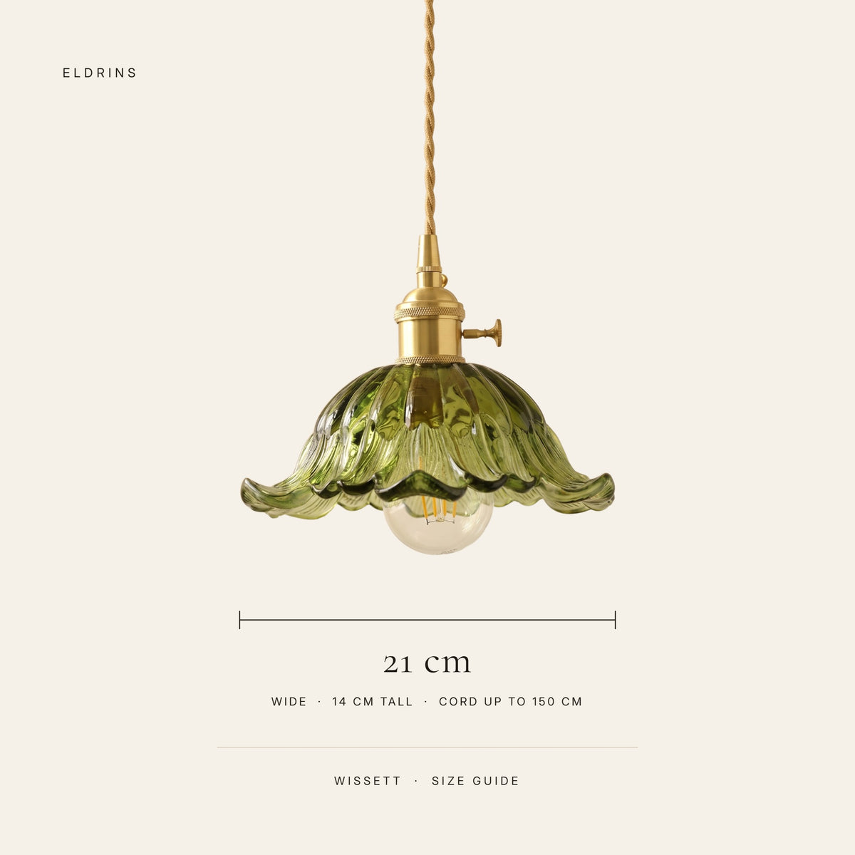 Wissett size guide, 21 cm wide and 14 cm tall flower glass shade, cord up to 150 cm