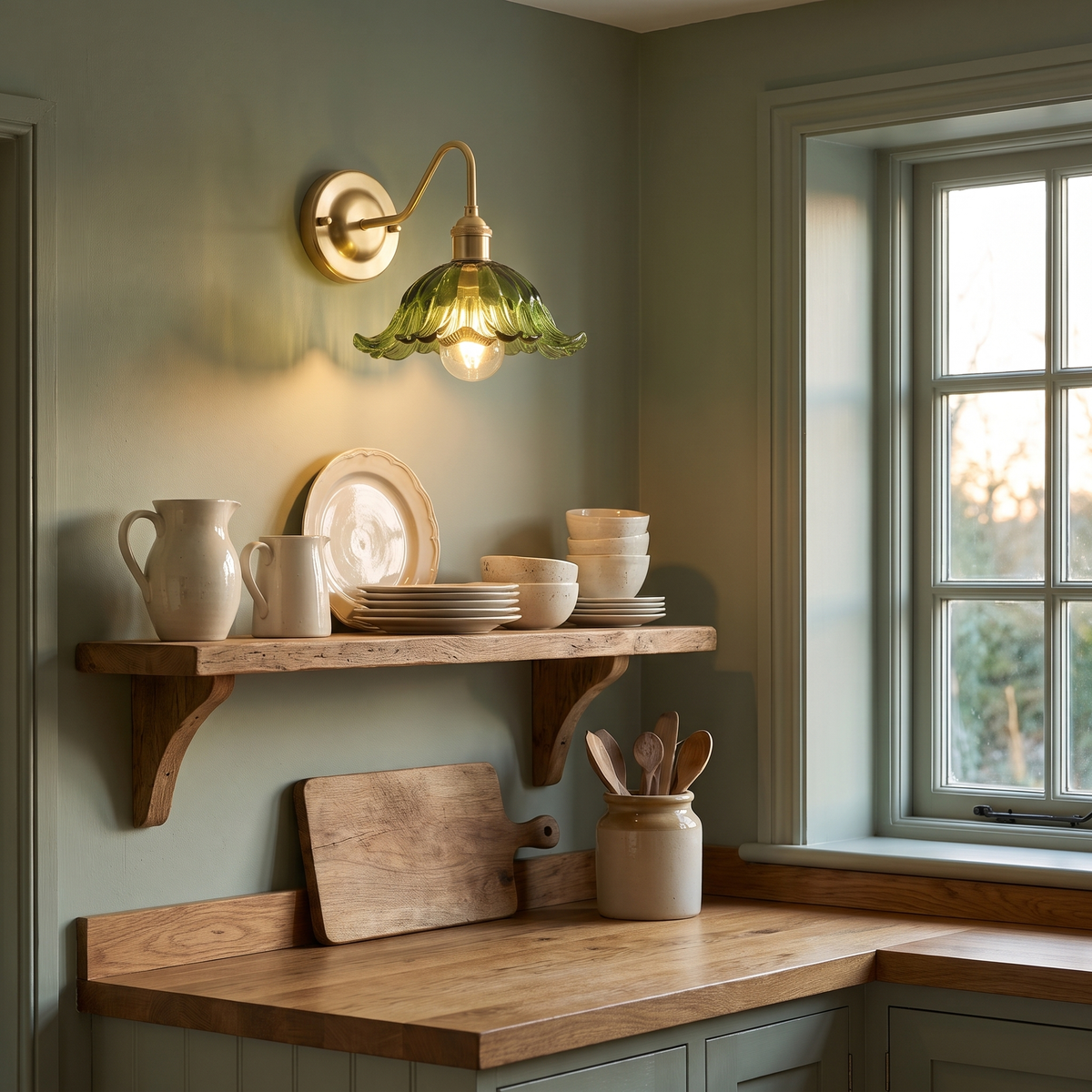 Green Wissett flower glass wall light lit above an open shelf of cream jugs in a sage green kitchen