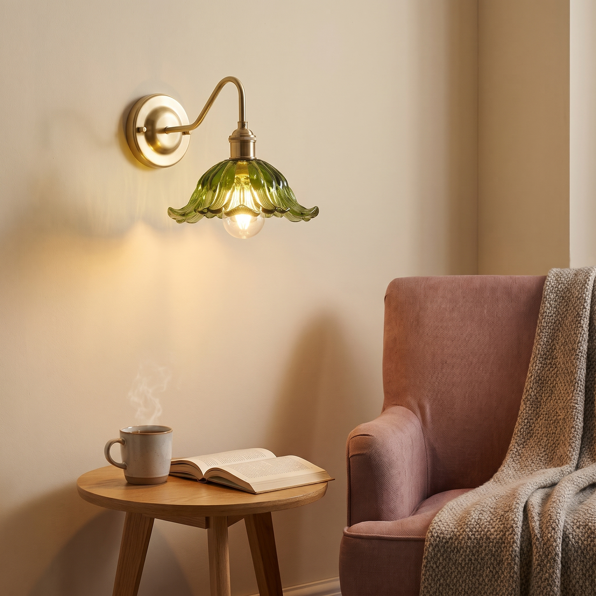 Green Wissett flower glass wall light lit beside an armchair in a cottage reading corner
