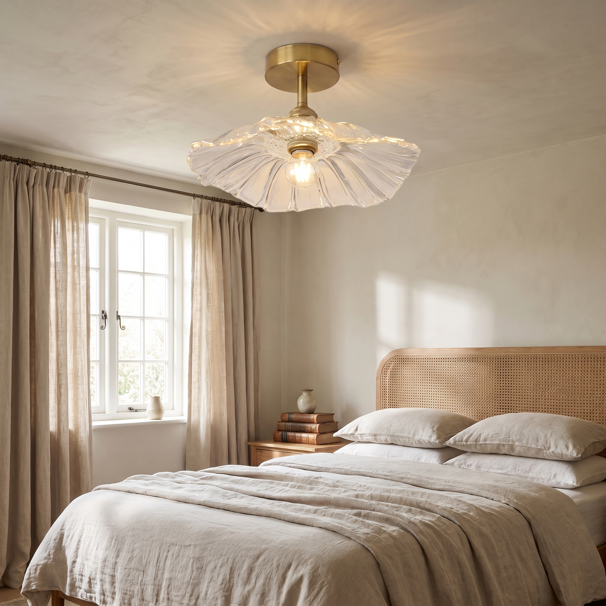 Woodbridge fluted glass ceiling light above a bed with linen bedding