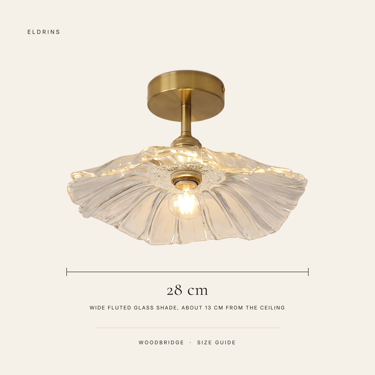 Woodbridge ceiling light size guide, 28 cm wide fluted shade, about 13 cm from the ceiling