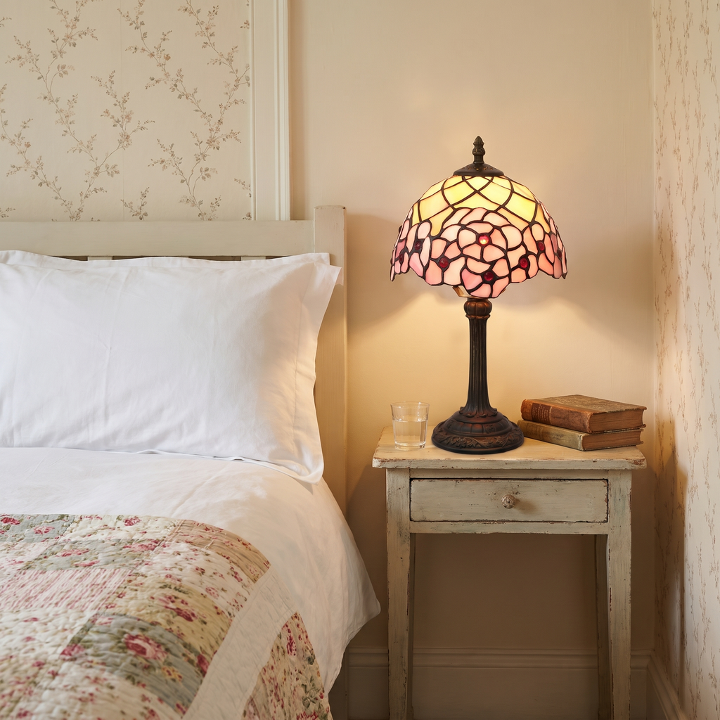A lit Woolpit stained glass table lamp in the Blossom design on a bedside table