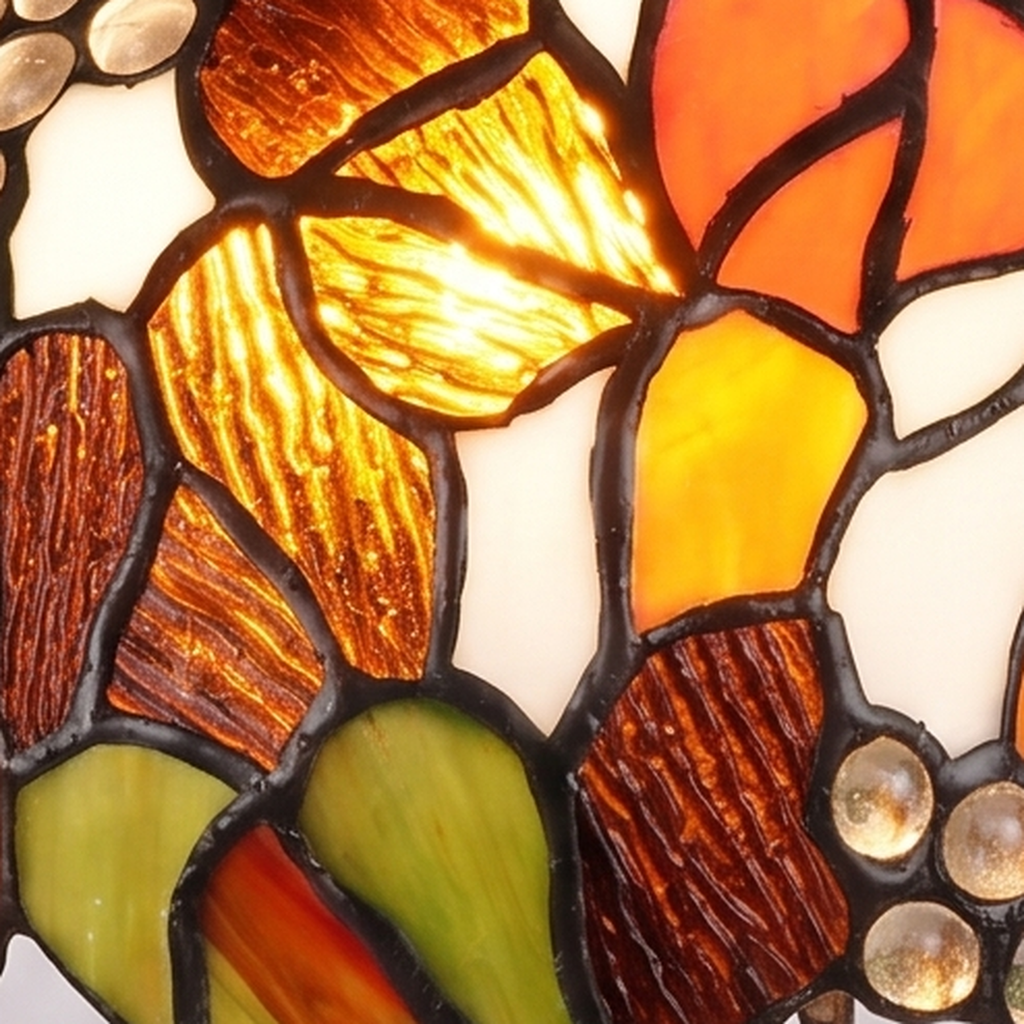 Close up of the leaded stained glass and glass jewels of the Woolpit shade