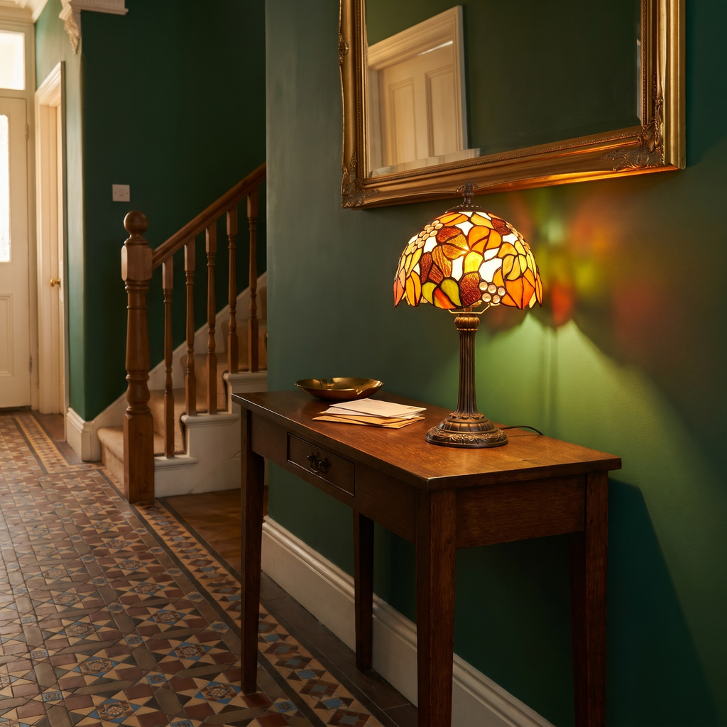 A lit Woolpit stained glass table lamp in the Autumn Leaf design on a hall table in a period hallway