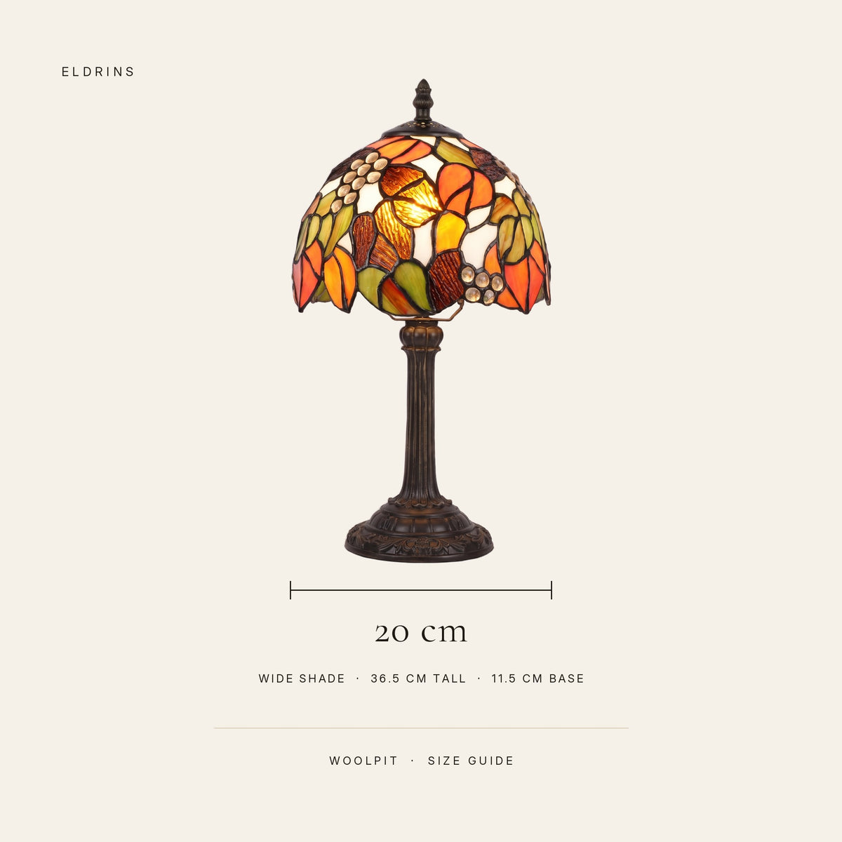 Woolpit table lamp size guide: 20 cm shade, 36.5 cm tall, 11.5 cm base