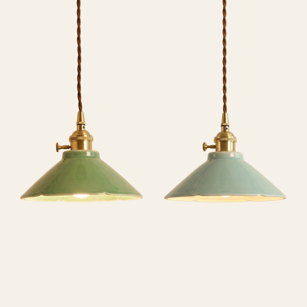 The Wortham pendant light in jade green and celadon side by side