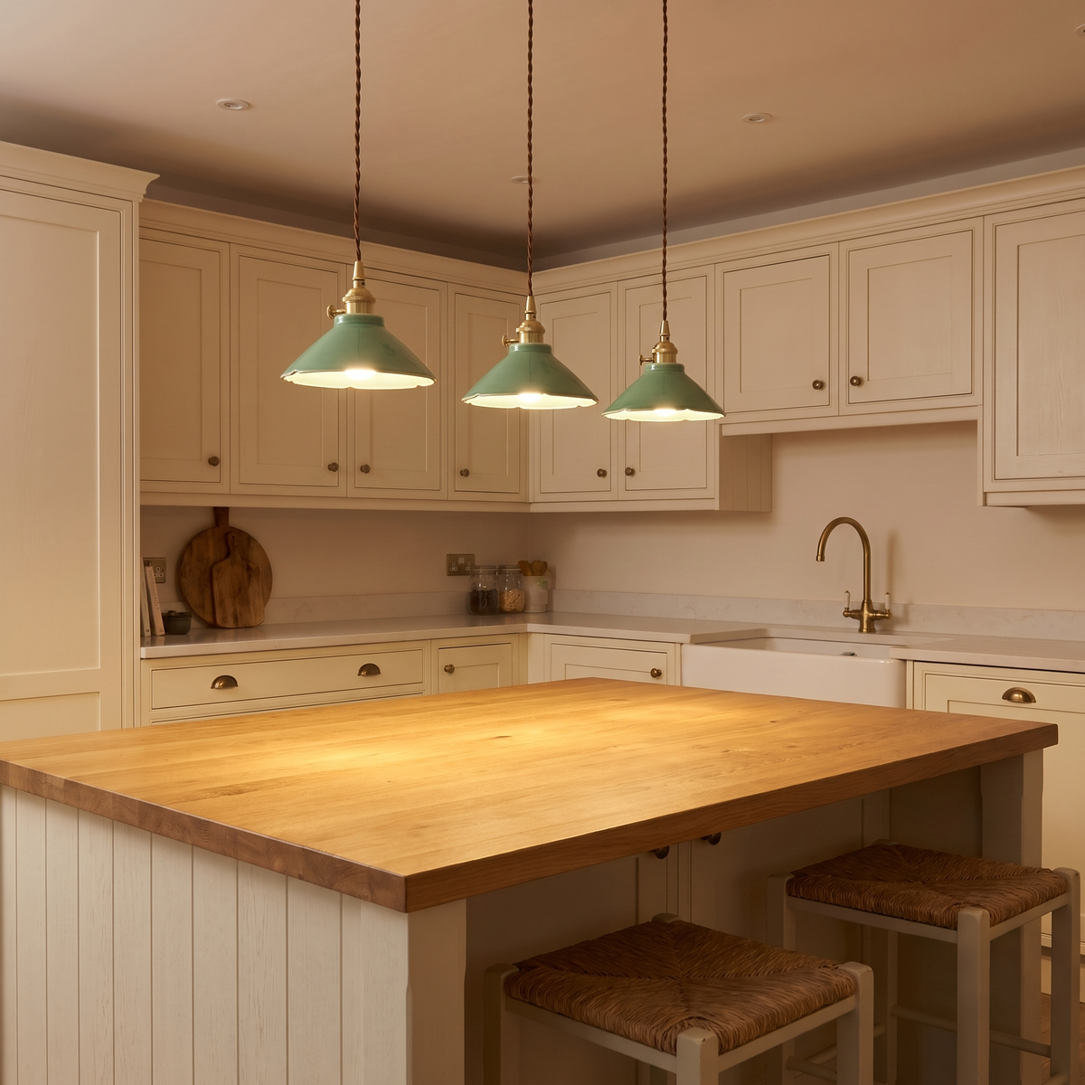 A row of lit jade green Wortham ceramic pendant lights over a kitchen island
