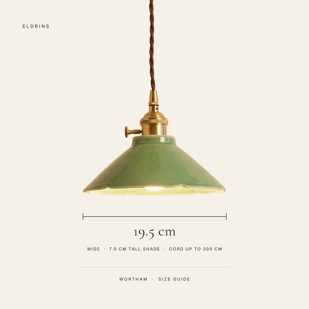 Wortham pendant light size guide: 19.5 cm wide, 7.5 cm tall shade, cord up to 200 cm