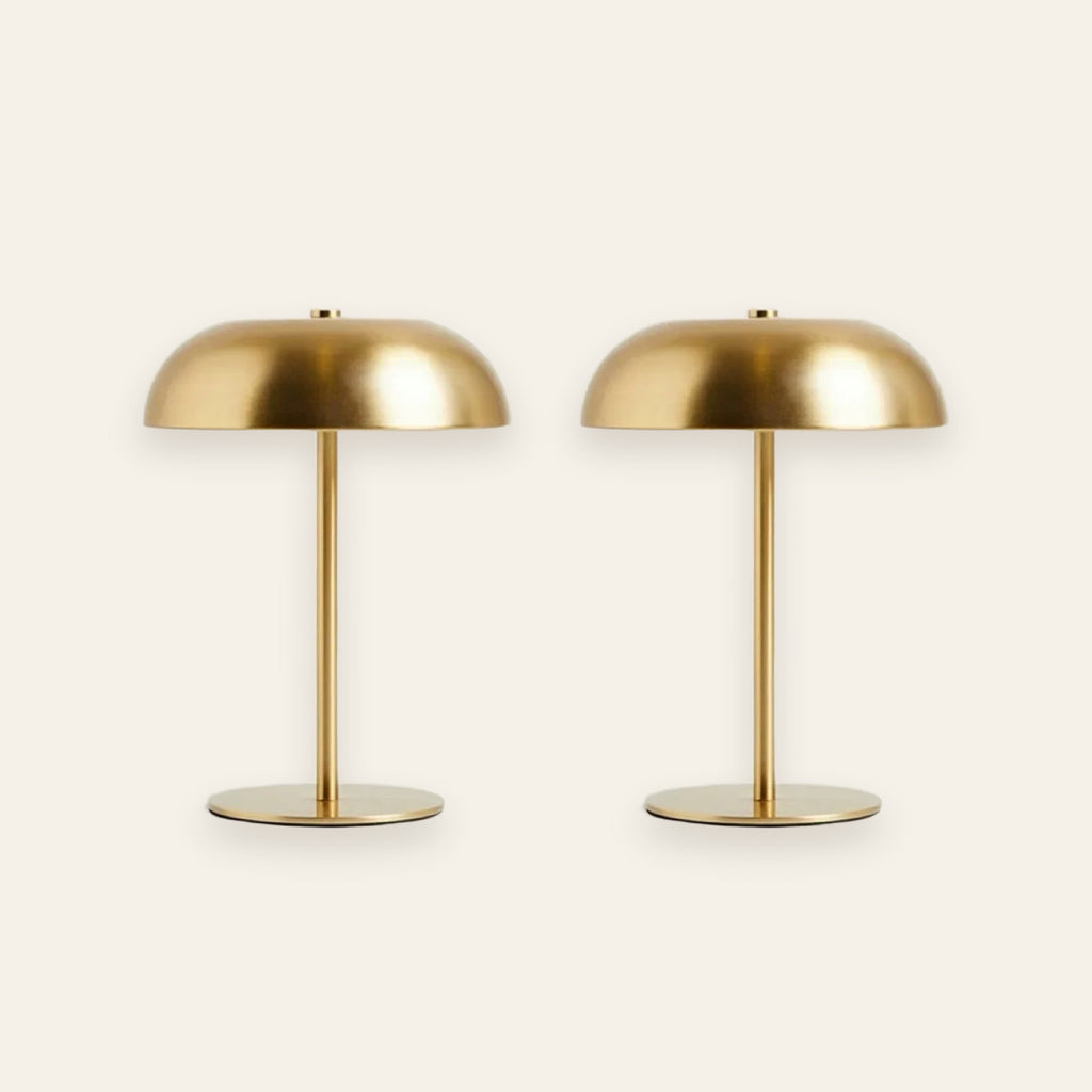 Wren brushed gold rechargeable mushroom table lamps, set of two, cream background