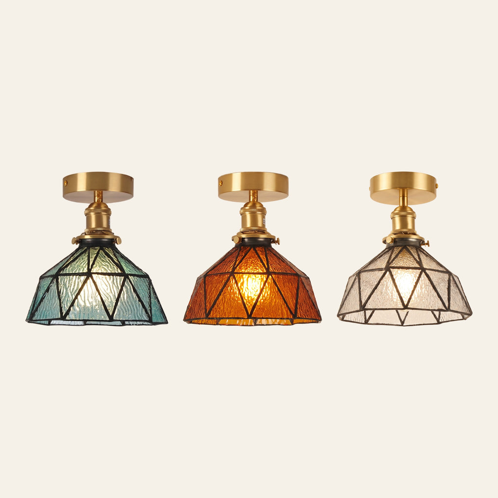 Wrentham stained glass ceiling lights in teal, amber and clear side by side