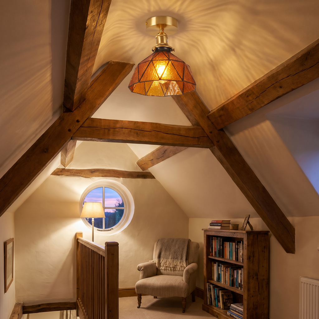 An amber Wrentham stained glass ceiling light lit on a beamed cottage landing