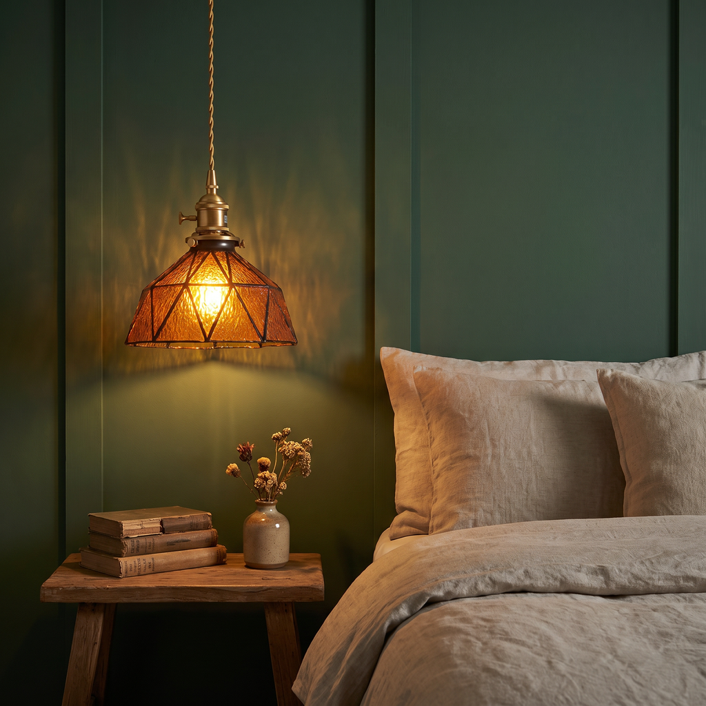 A Wrentham amber stained glass pendant lit low beside a bed
