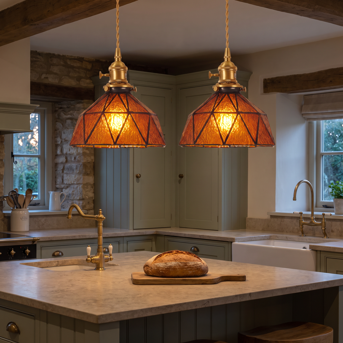 Two lit Wrentham amber stained glass pendants over a kitchen island