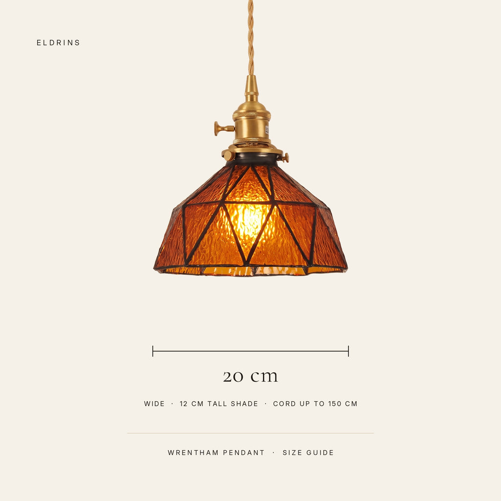 Wrentham pendant size guide: 20 cm wide, 12 cm tall shade, cord up to 150 cm