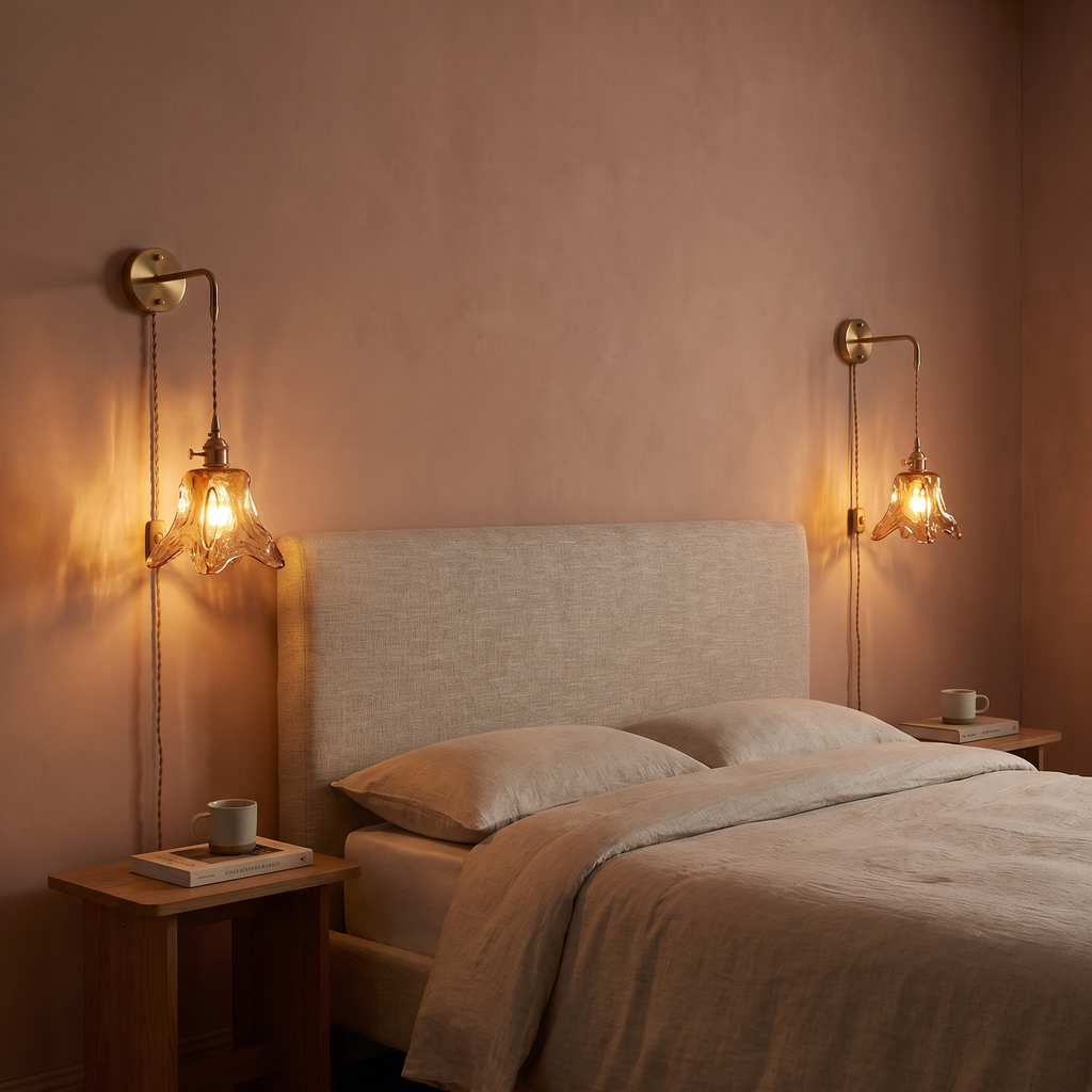 Two lit Yaxley plug in wall lights with amber lily shades either side of a bed on a pink plaster wall