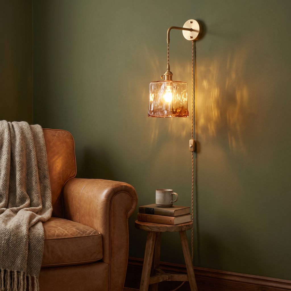 A lit Yaxley plug in wall light with a square amber shade beside a leather armchair in a reading corner